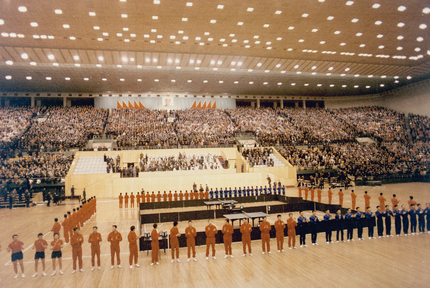 President Nixon attending a table tennis exhibition in Beijing, 23 February 1972.