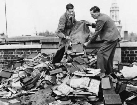 Foyles employees use copies of Adolf Hitler’s Mein Kampf to protect their room from possible German bombs, London, 5 September 1939.