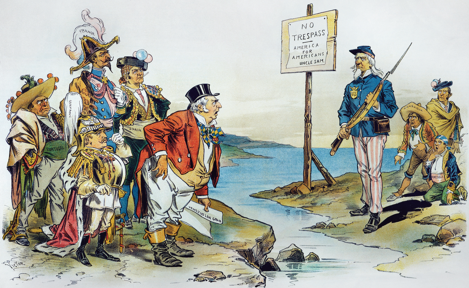 ‘Keep Off!’ American cartoon depicting  the Monroe Doctrine, by F. Victor Gillam, 1896. Granger/Bridgeman Images.