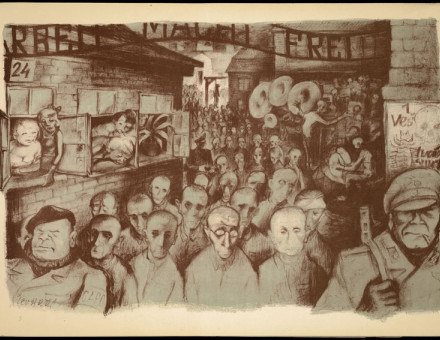 A scene from Auschwitz by Holocaust survivor Leo Haas, c. 1947. Center for Jewish History, New York. Public Domain.