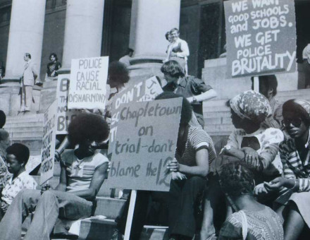 demonstrators outside Leeds Crown Court on the first day of the trial of the Leeds Bonfire Night 12, June 1975. Photograph by Max Farrar.