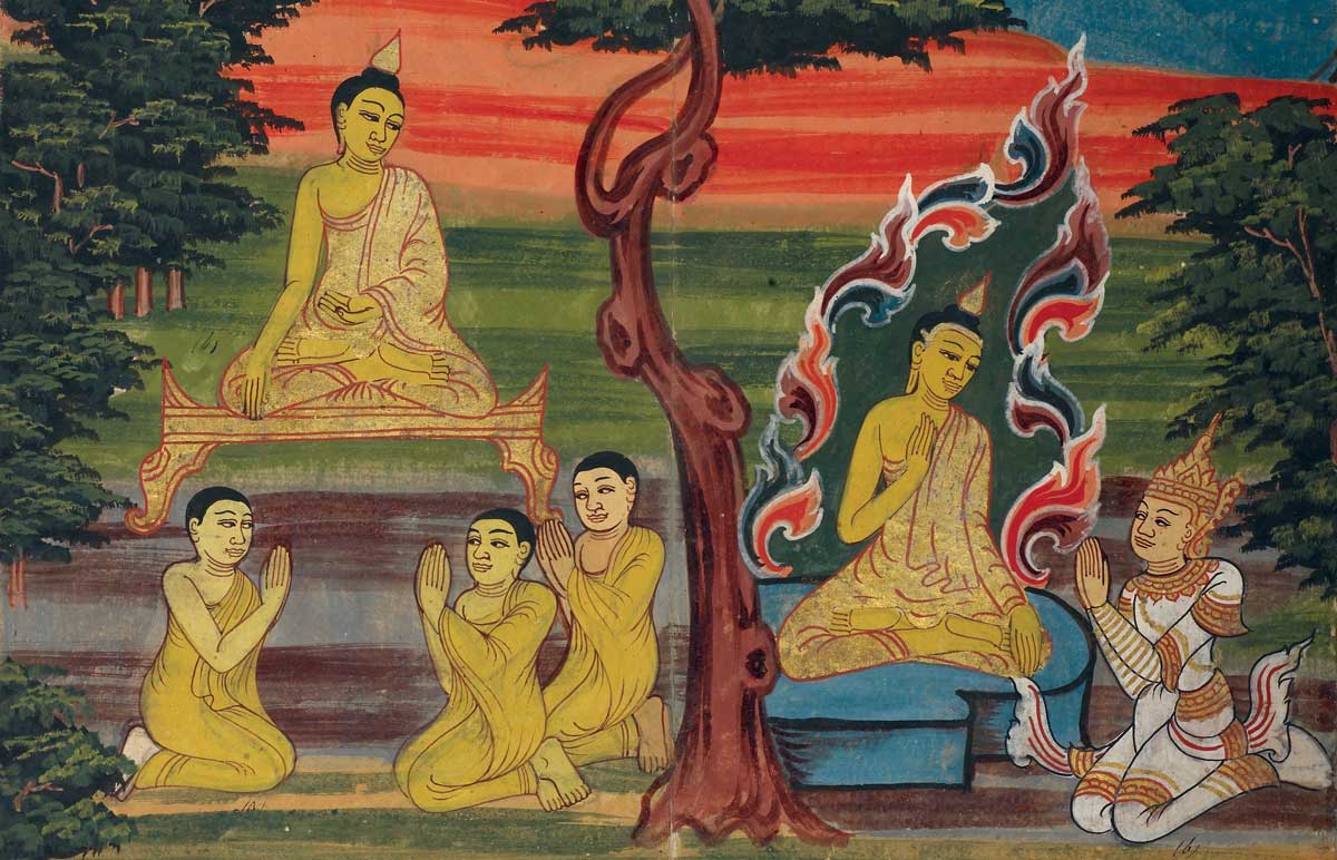 Mara, the spirit of evil, tells the Buddha it is time to die and Ananda asks the Buddha three times to remain on earth, from The Life of the Buddha, Burmese, c.1800-20.