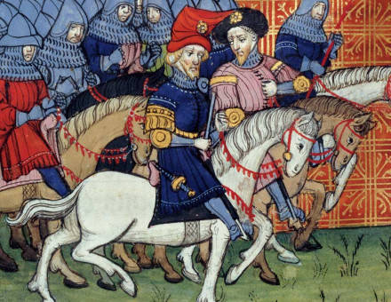 English army  with banner, from the Chroniques de France ou de St Denis, late  14th century.