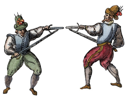 Duelling techniques illustrated in Vincentio Saviolo, his Practise, 1595.