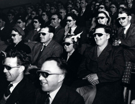 Audience wearing special glasses watch a 3D ‘stereoscopic film’ at the Telekinema on the South Bank in London during the Festival of Britain.