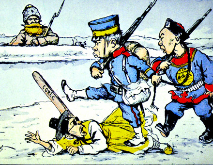 Satirical illustration of the Russo-Japanese War, depicting a Japanese soldier stepping on a Korean as a Russian looks on. By Georges Ferdinand Bigot, Paris, c.1904