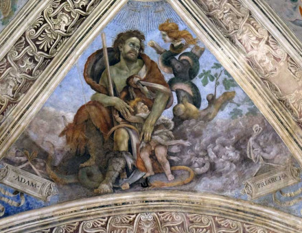 Adam protecting a child from the snake, identified as Lilith. Fresco in Strozzi Chapel by Filippino Lippi, Florence, 15th century.