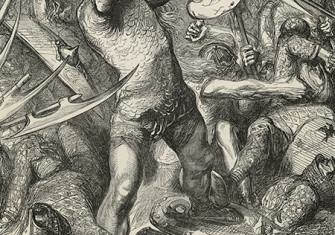 Fighting in the Fens: Hereward cutting his way through the Norman host, by James Cooper, 19th century