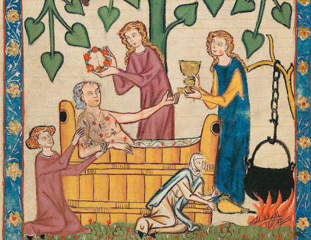 Jakob von Wart taking his bath, from the Codex Manesse, Switzerland, c.1305-40. The Protected Art Archive/Alamy Stock Photo