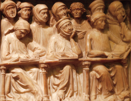 Carving of medieval university students on the tomb of the scholar Giovanni da Legnano, Bologna, 14th century.