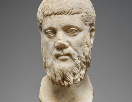 A white marble Roman head of Plato, 3rd century AD.