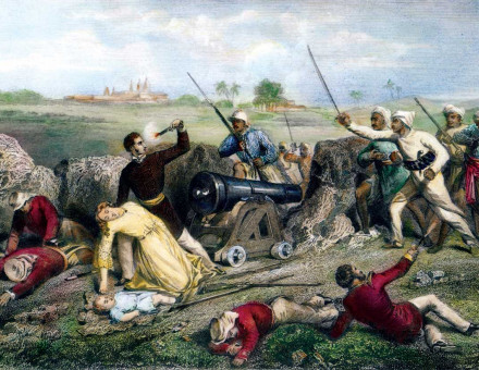 The death of Captain Alexander Skene and his wife, Margaret Skene, at Jhansi, during the Sepoy Revolt, English coloured engraving, 19th century © Bridgeman Images.