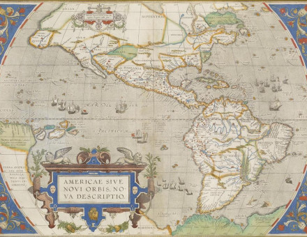 A hand-coloured Renaissance map of North and South America, by Abraham Ortelius c. 1587-1595.