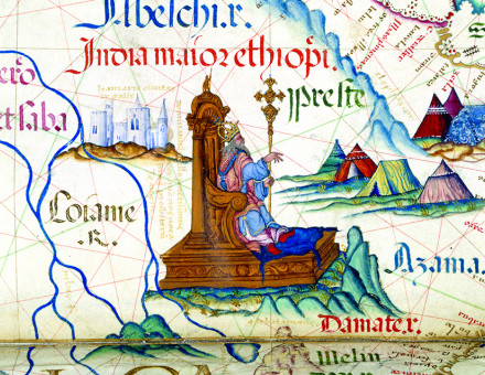 Prester John on his throne in Ethiopia, from a map of East Africa in the Queen Mary Atlas, by Diogo Homem, Portuguese, 1558.