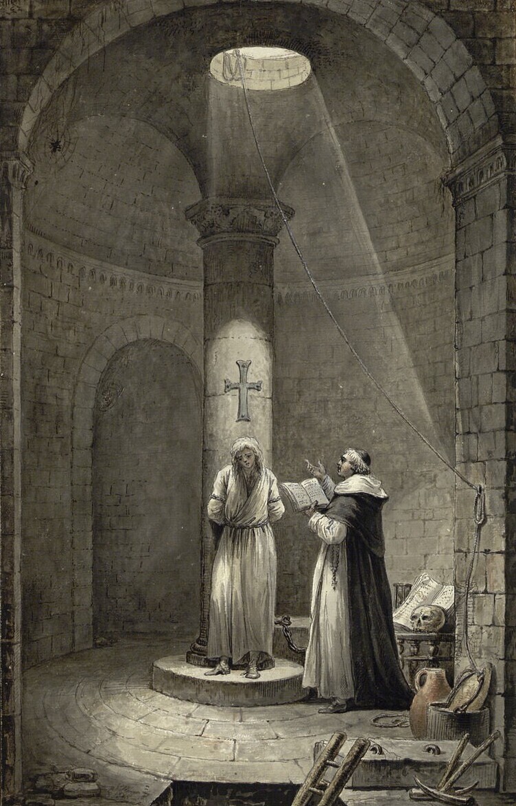 A prisoner of the Inquision, in this imagined scene by Jean Louis Desprez, c. 1789. Albertina. Public Domain.